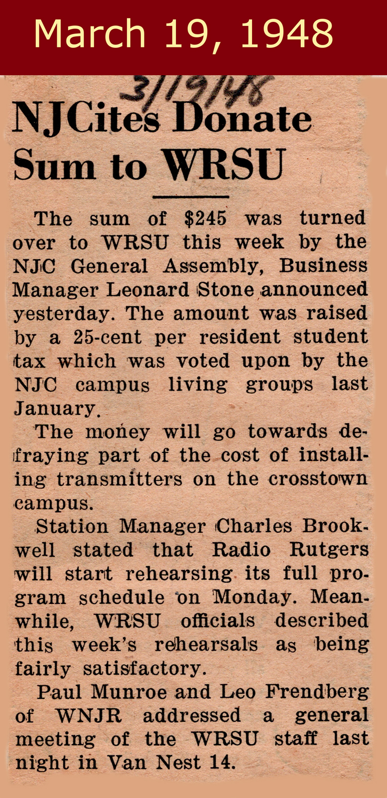 1948 March 19 NJC (Women's College) Donation