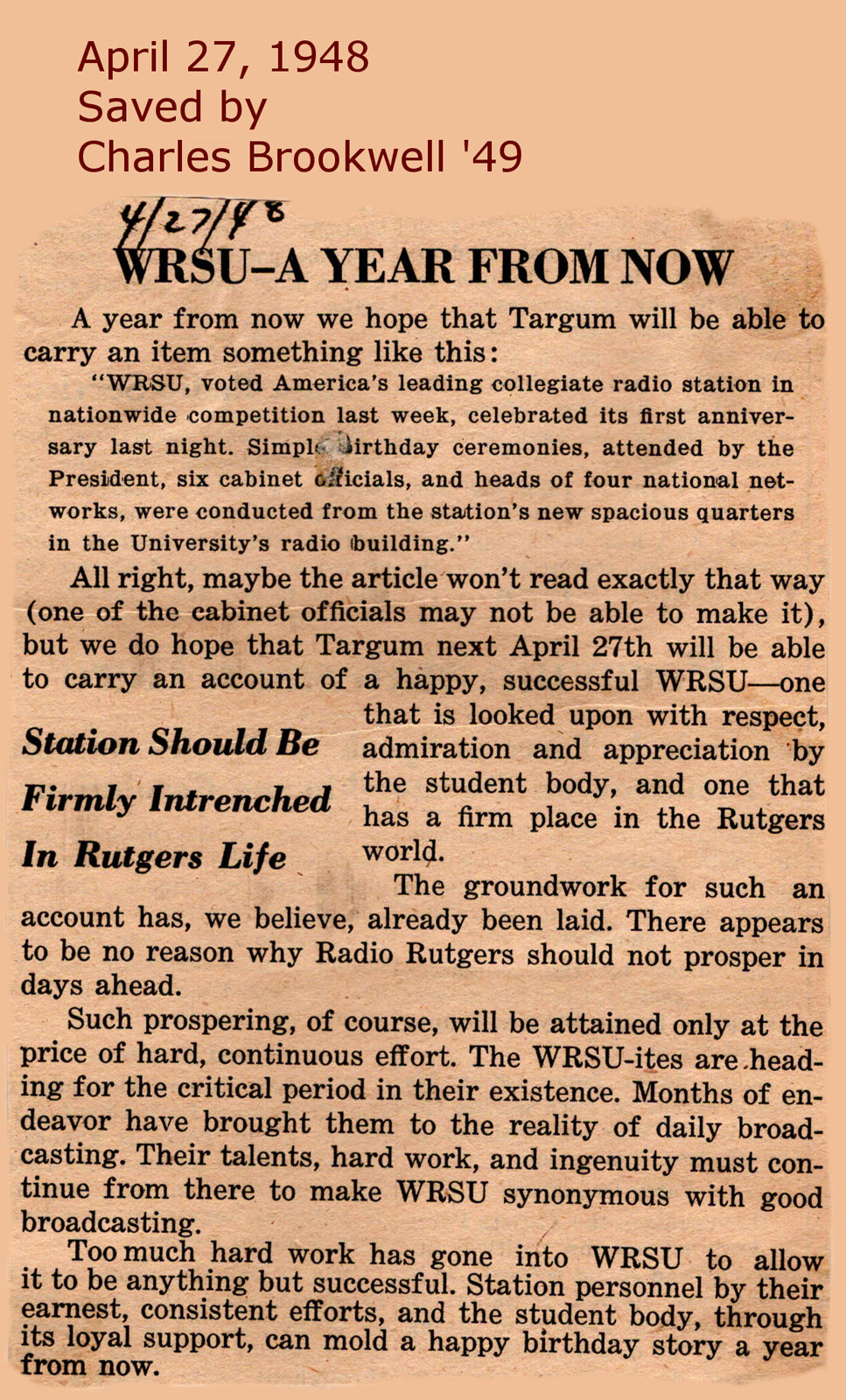 1948 April 27 - WRSU A Year From Now