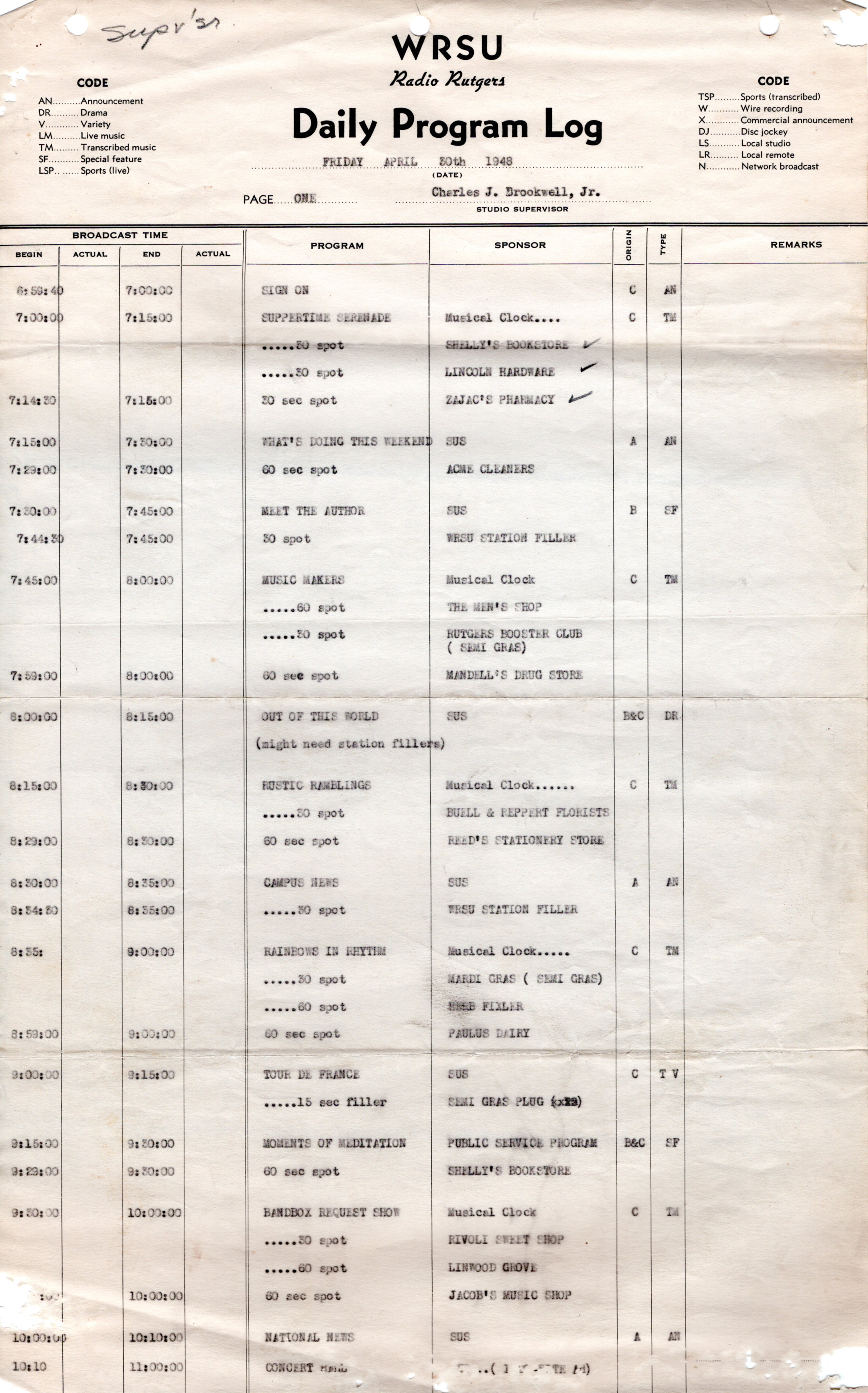 Program Log from WRSU 4th Day of OperationSaved by Charles Brookwell - First GM 