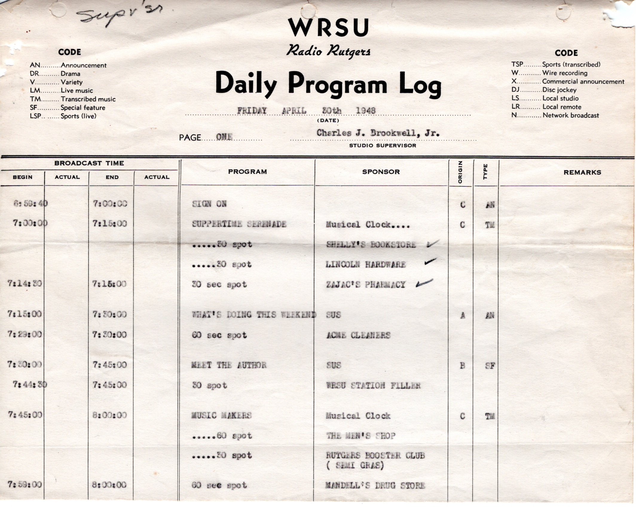 Close up of Program Log from WRSU 4th Day of OperationSaved by Charles Brookwell - First GM