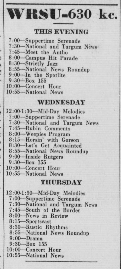 1949 February 15 WRSU Schedule