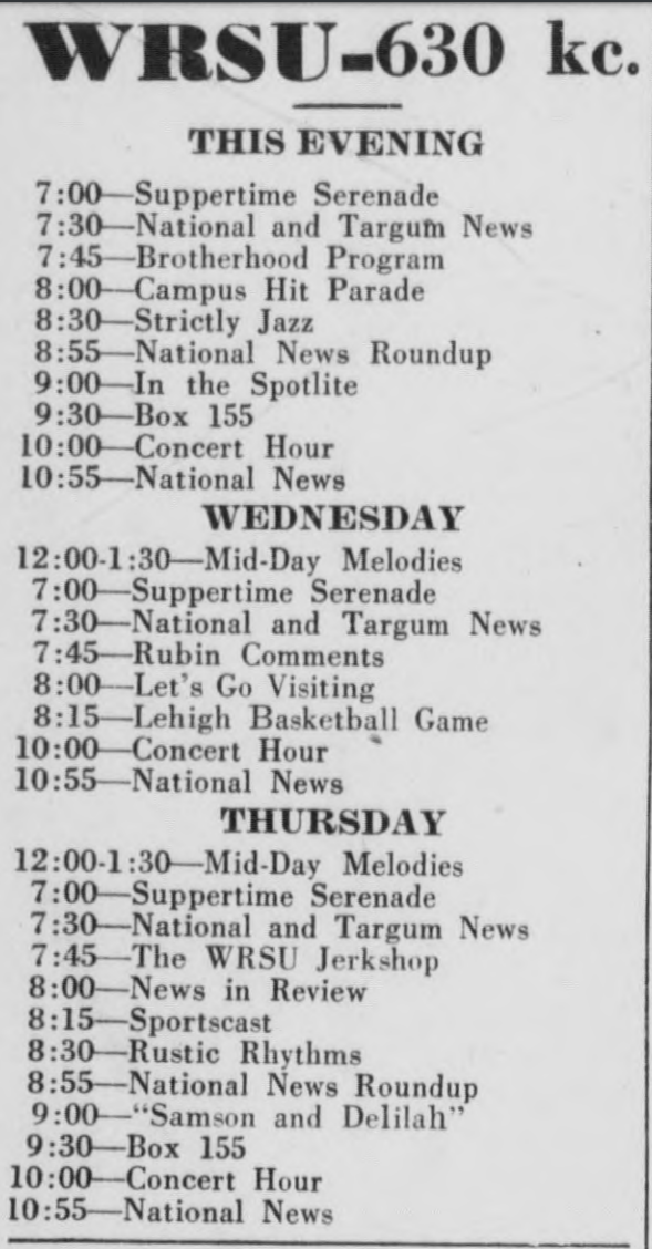 1949 March 01 WRSU Schedule