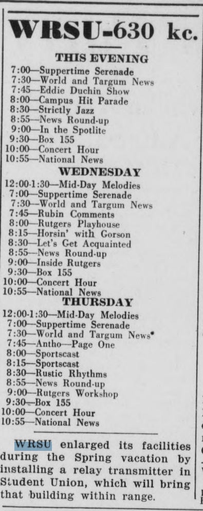 1949 April 5 WRSU Schedule