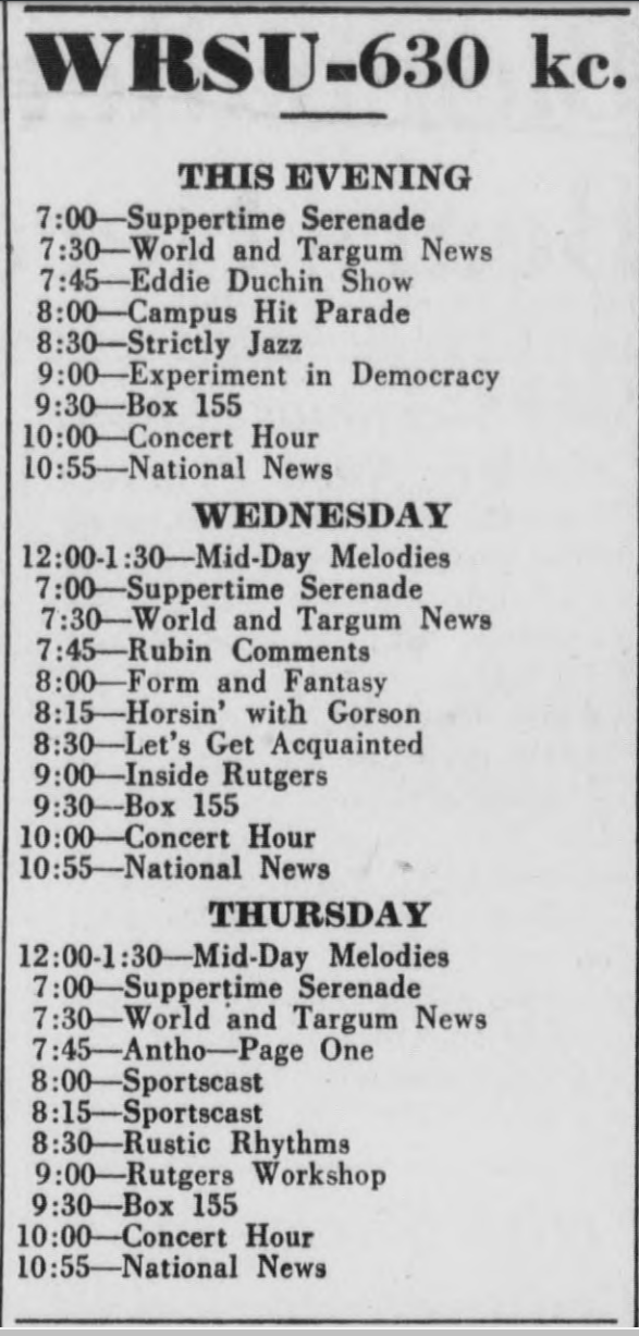 1949 April 19 WRSU Schedule