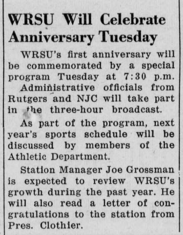 1949 04 22 WRSU 1st Anniversary Tueday