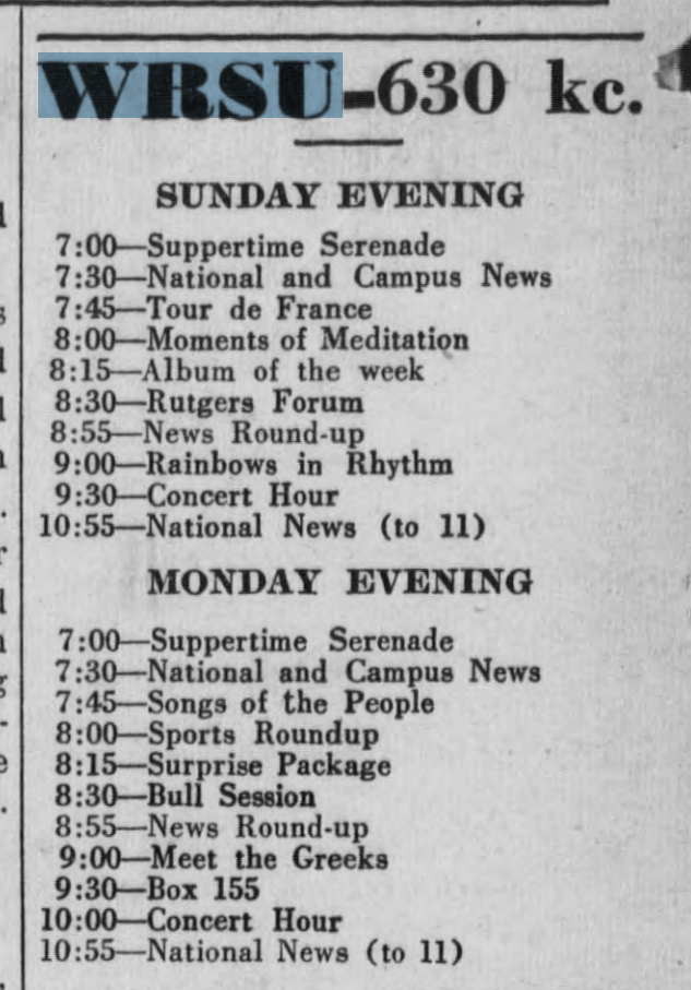 1949 04 22 WRSU Schedule
