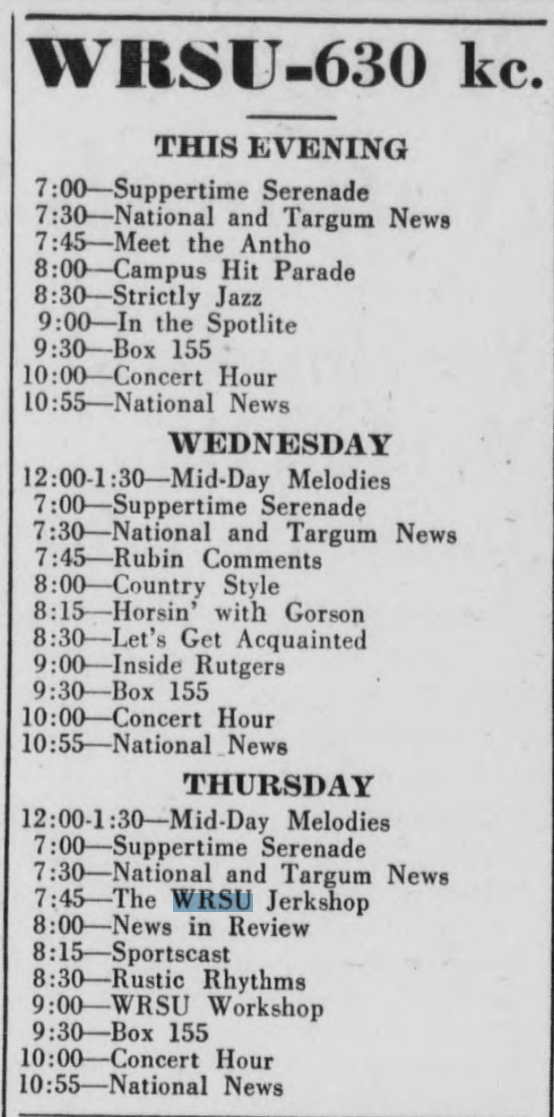 1949 March 22 WRSU Schedule