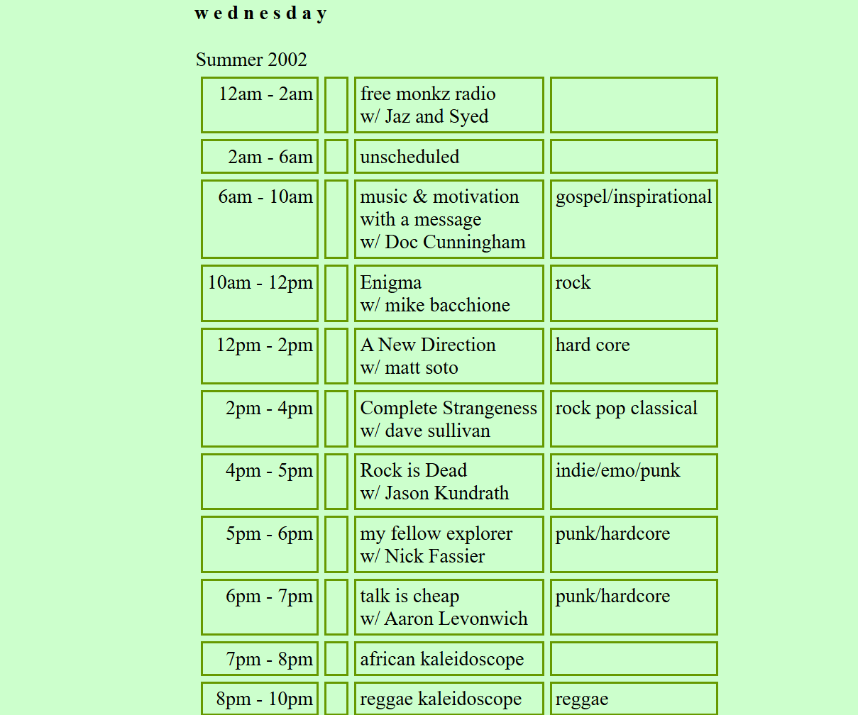 2002 Summer Schedule Wednesday
