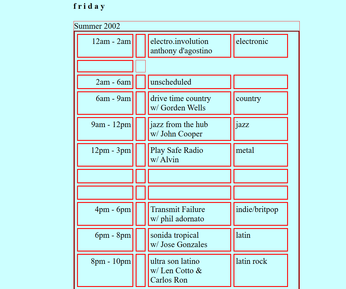2002 Summer Schedule Friday